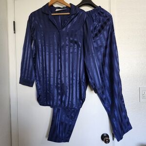 Vtg Jaclyn Smith Sleepwear Blue Satin Sleep Set Nightgown Button Stripe Sz Small